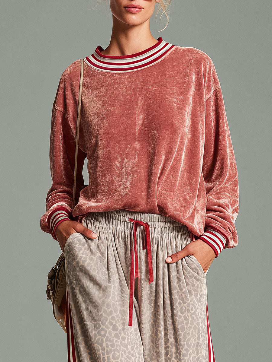 Casual Retro Pink Shiny Velvet Sweatshirt And Leopard Print Pants Set  - By Qivii
