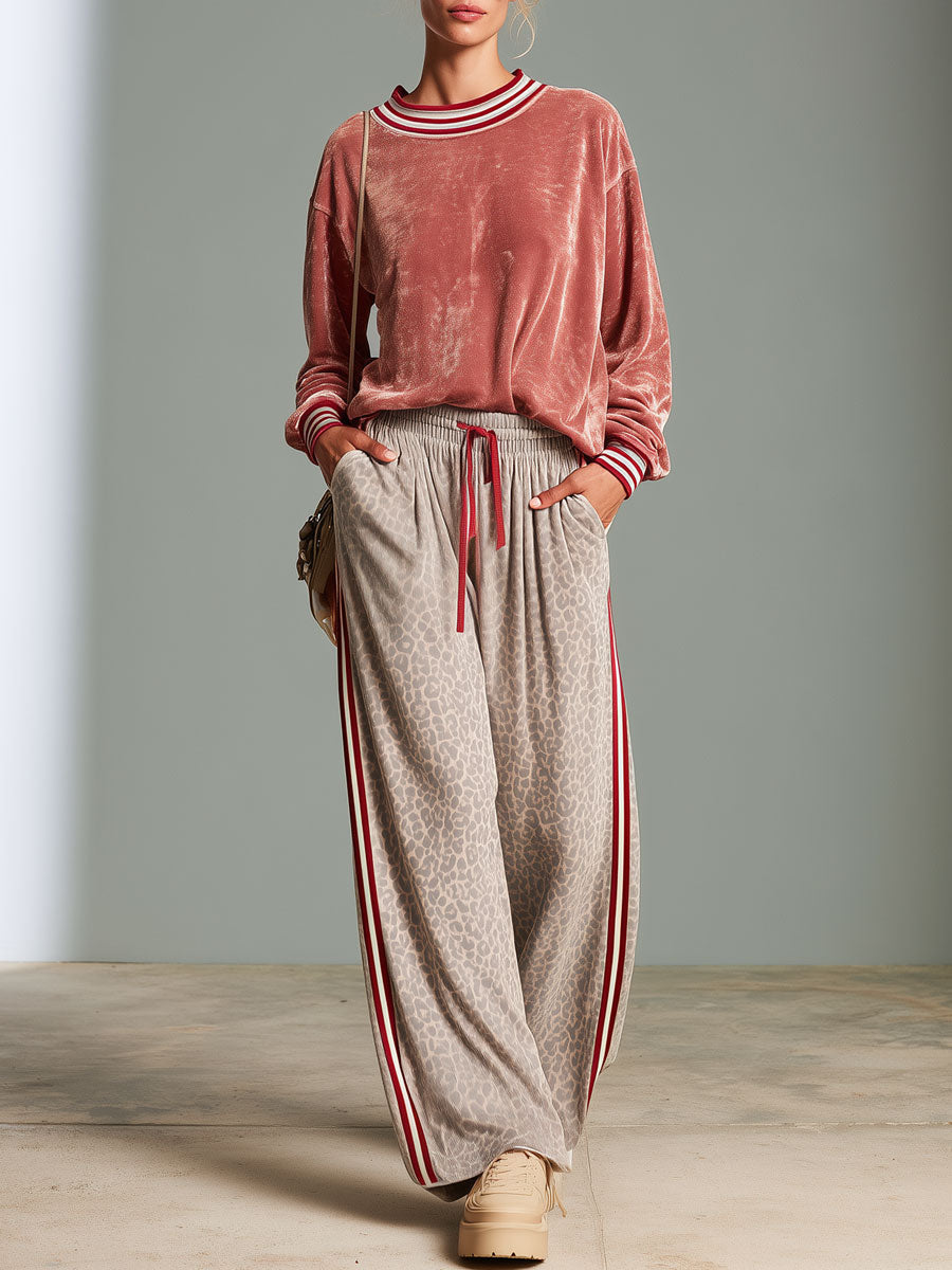 Casual Retro Pink Shiny Velvet Sweatshirt And Leopard Print Pants Set  - By Qivii