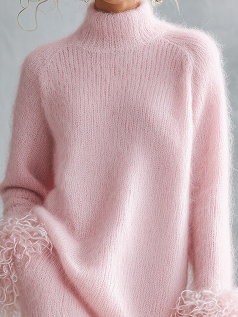 Stylish And Warm Faux-Fur Trimmed Pink Mock-Neck Mohair Knit Maxi Dress  - By Qivii
