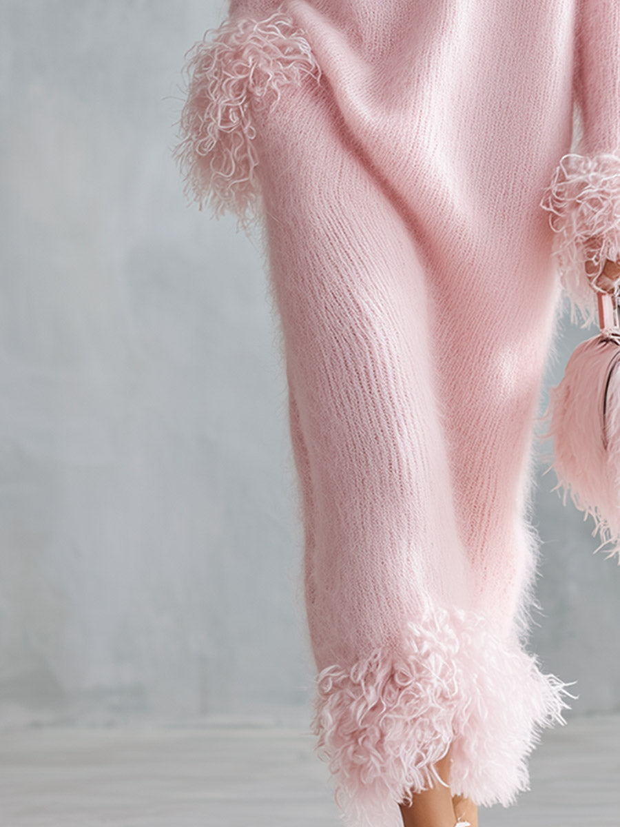 Stylish And Warm Faux-Fur Trimmed Pink Mock-Neck Mohair Knit Maxi Dress  - By Qivii