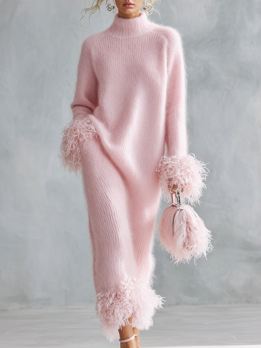 Stylish And Warm Faux-Fur Trimmed Pink Mock-Neck Mohair Knit Maxi Dress  - By Qivii
