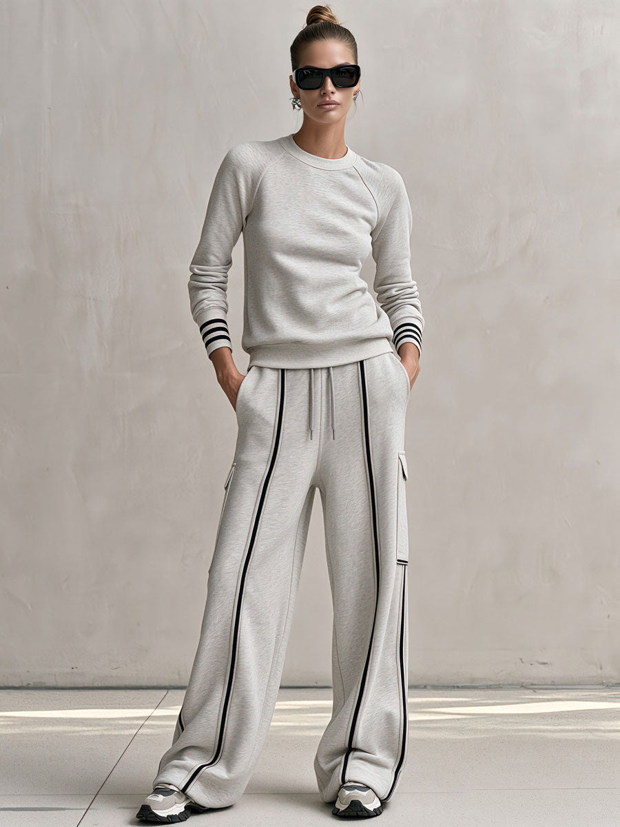 Women's Light Gray Cotton Crew Neck Sweatshirt And Cargo Pants Set  - By Qivii