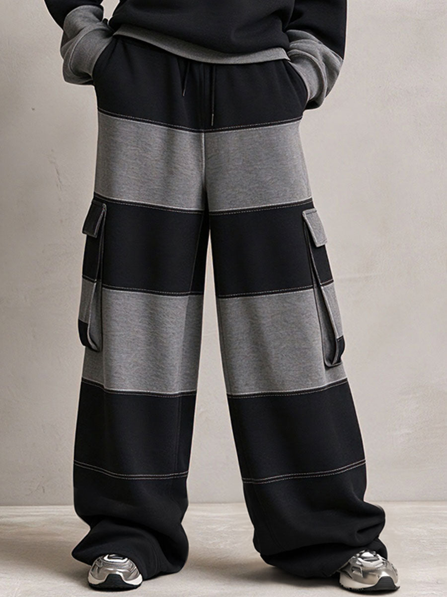 Casual Sports Black And Gray Striped Cotton Crew Neck Sweatshirt And Pants Set  - By Qivii