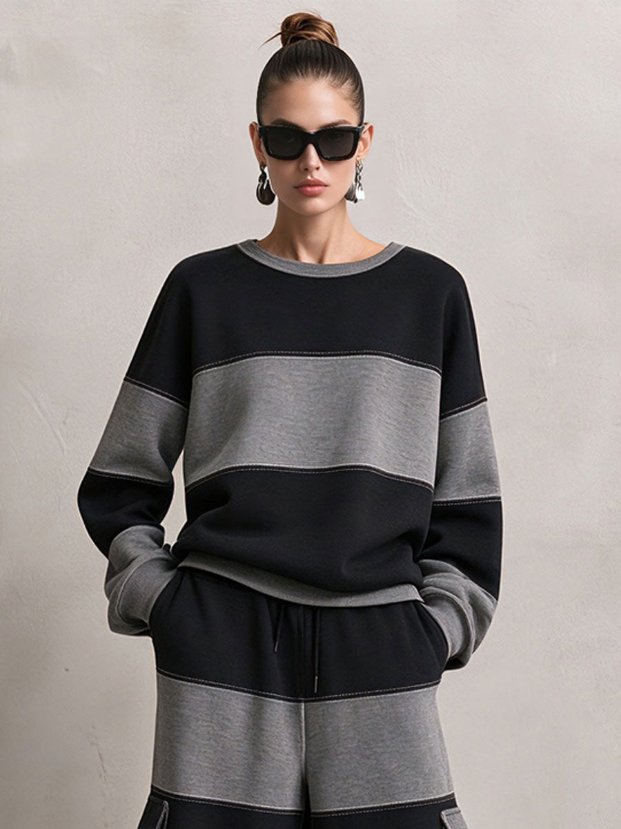 Casual Sports Black And Gray Striped Cotton Crew Neck Sweatshirt And Pants Set  - By Qivii
