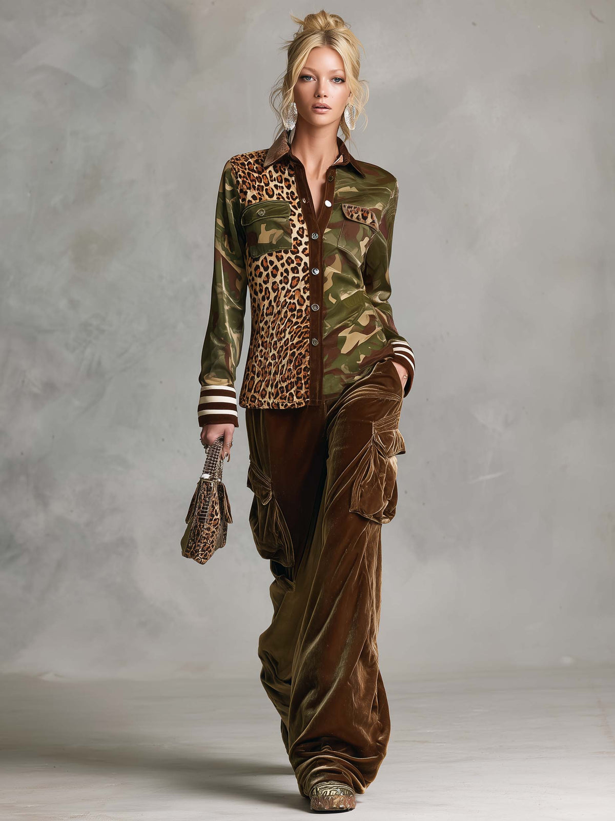 Vintage Military Leopard Print Camo Button-Down Shirt And Velvet Cargo Pants Set  - By Qivii