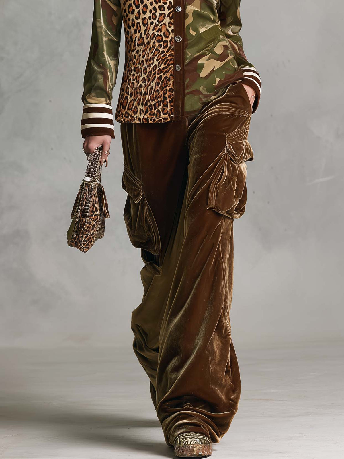 Vintage Military Leopard Print Camo Button-Down Shirt And Velvet Cargo Pants Set  - By Qivii