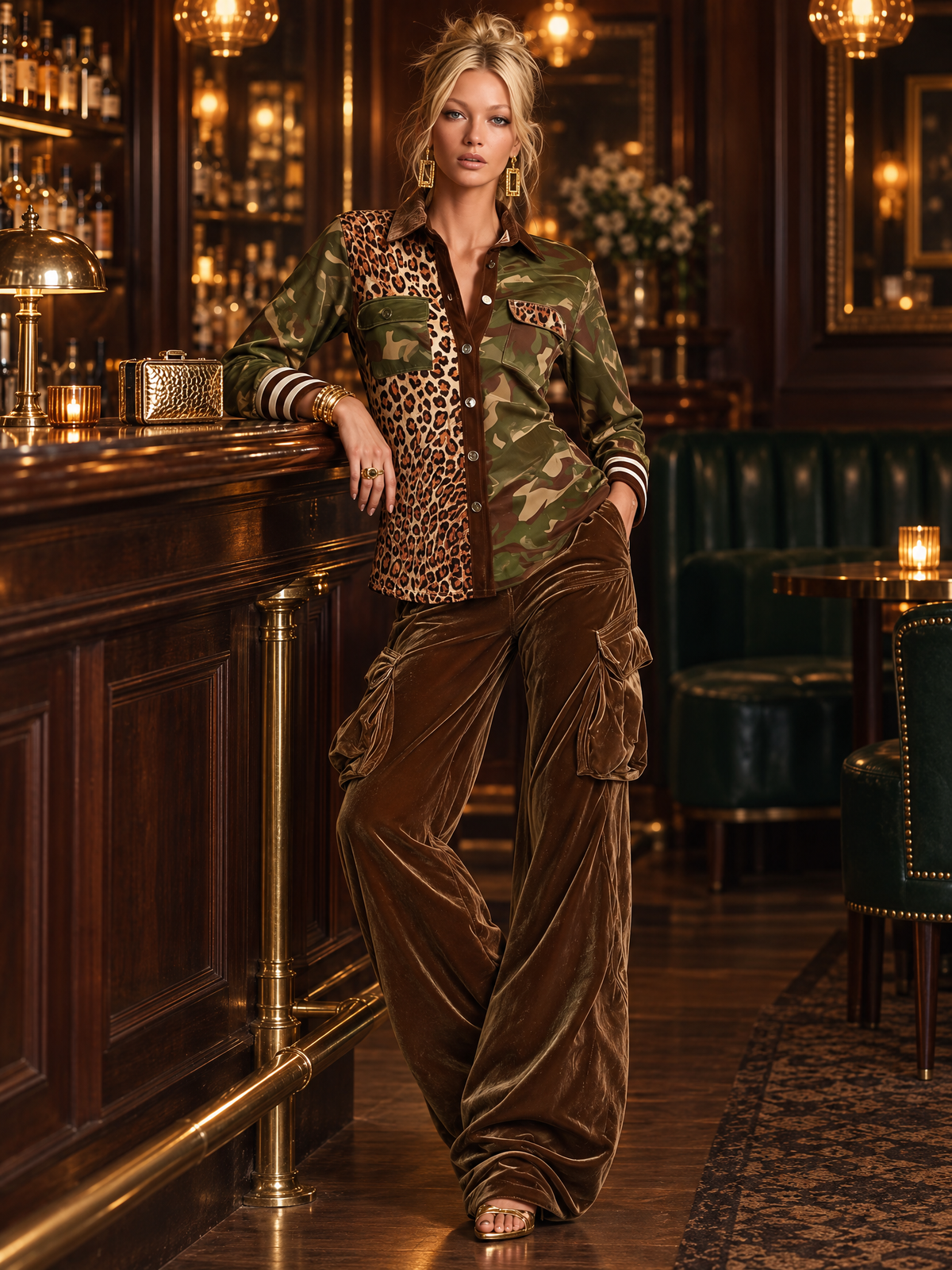 Vintage Military Leopard Print Camo Button-Down Shirt And Velvet Cargo Pants Set  - By Qivii