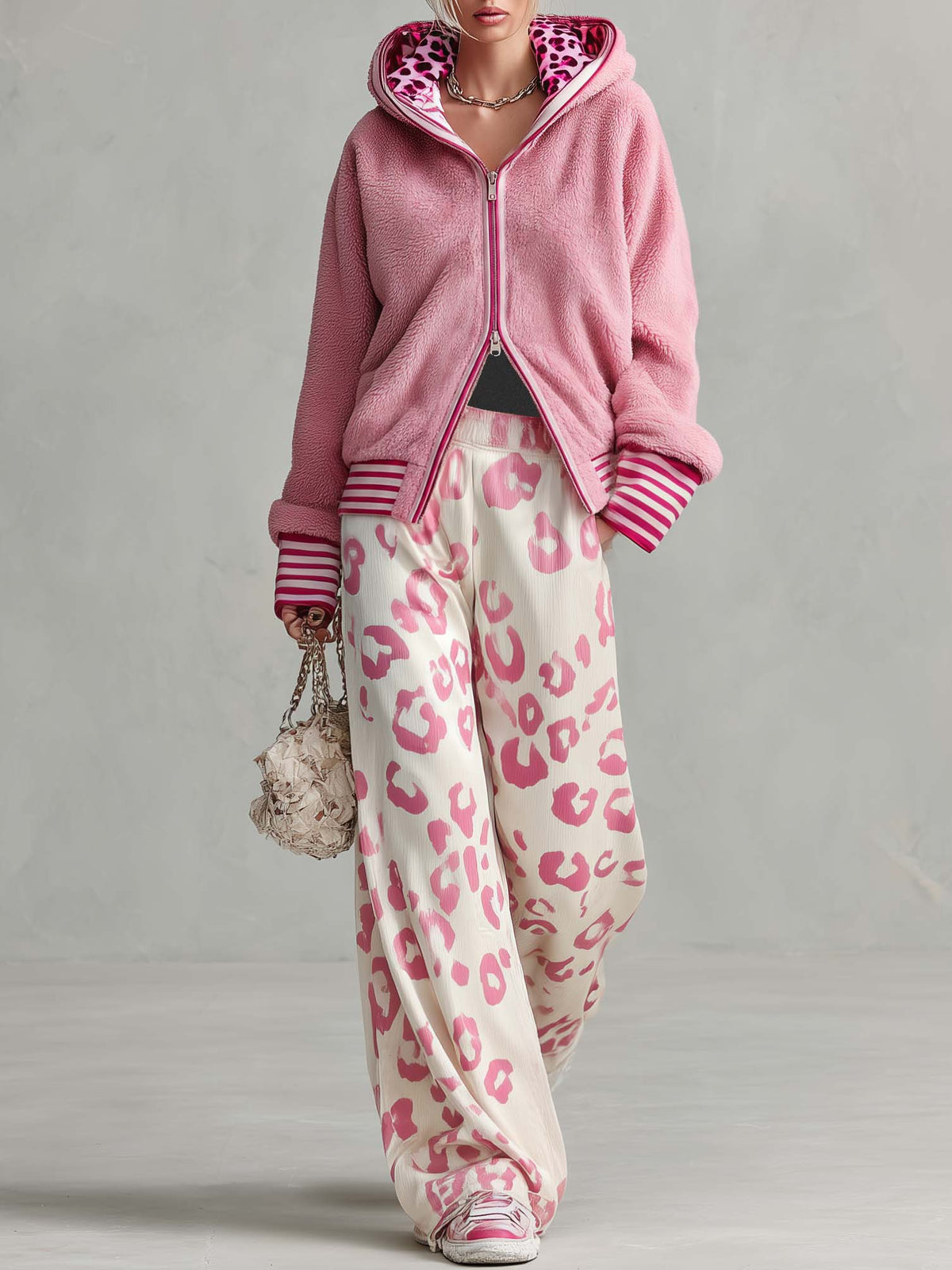 Retro Sporty Lazy Pink Sherpa Zip Hoodie And Leopard Print Velvet Wide-leg Pants Set  - By Qivii