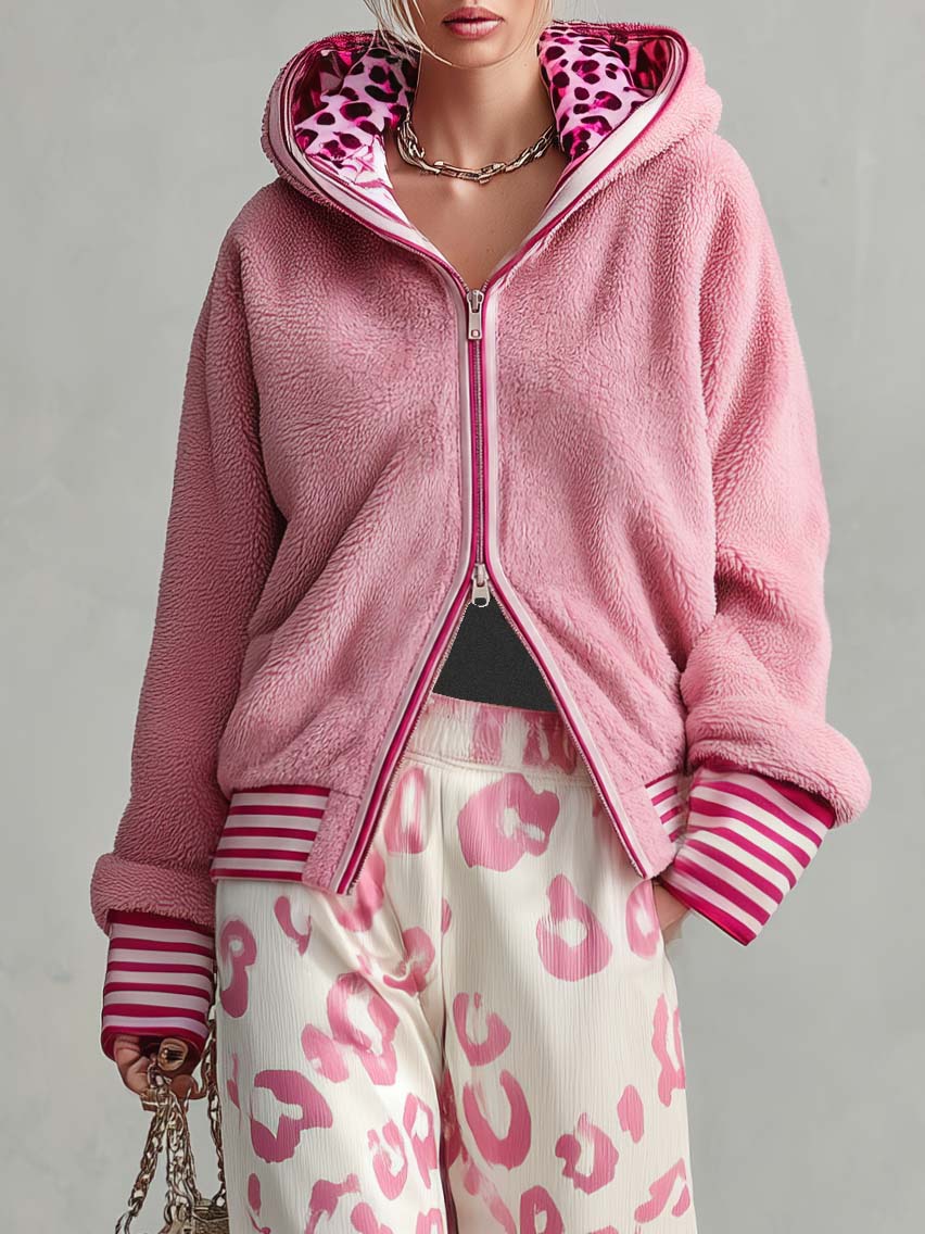 Retro Sporty Lazy Pink Sherpa Zip Hoodie And Leopard Print Velvet Wide-leg Pants Set  - By Qivii