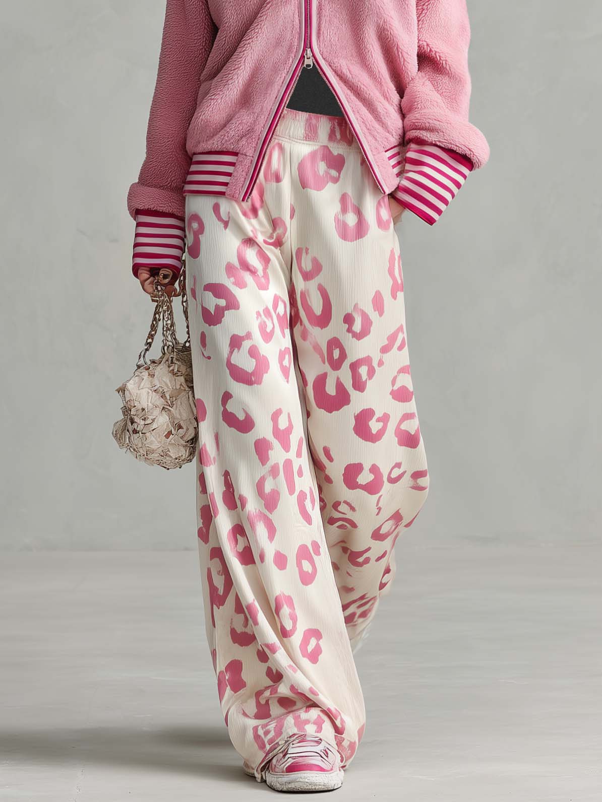 Retro Sporty Lazy Pink Sherpa Zip Hoodie And Leopard Print Velvet Wide-leg Pants Set  - By Qivii