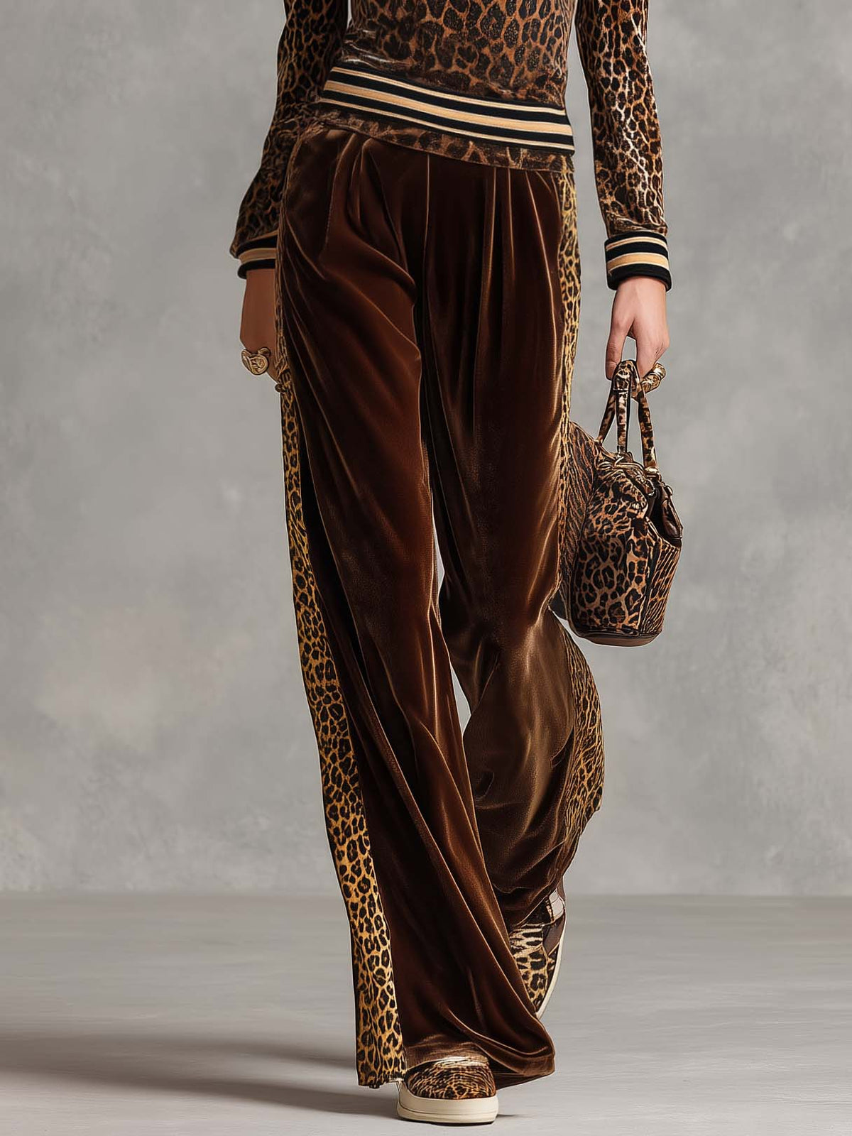Vintage Chic Brown Leopard Velvet Striped Trim Top Wide-leg Pants Matching Set  - By Qivii