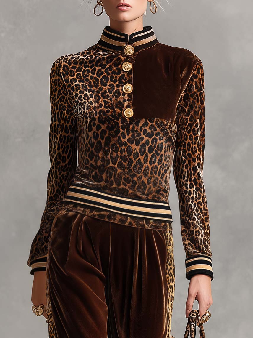 Vintage Chic Brown Leopard Velvet Striped Trim Top Wide-leg Pants Matching Set  - By Qivii