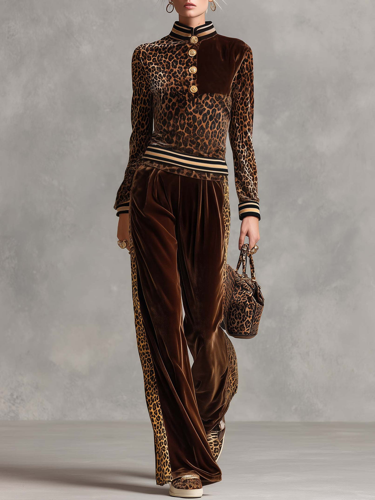 Vintage Chic Brown Leopard Velvet Striped Trim Top Wide-leg Pants Matching Set  - By Qivii