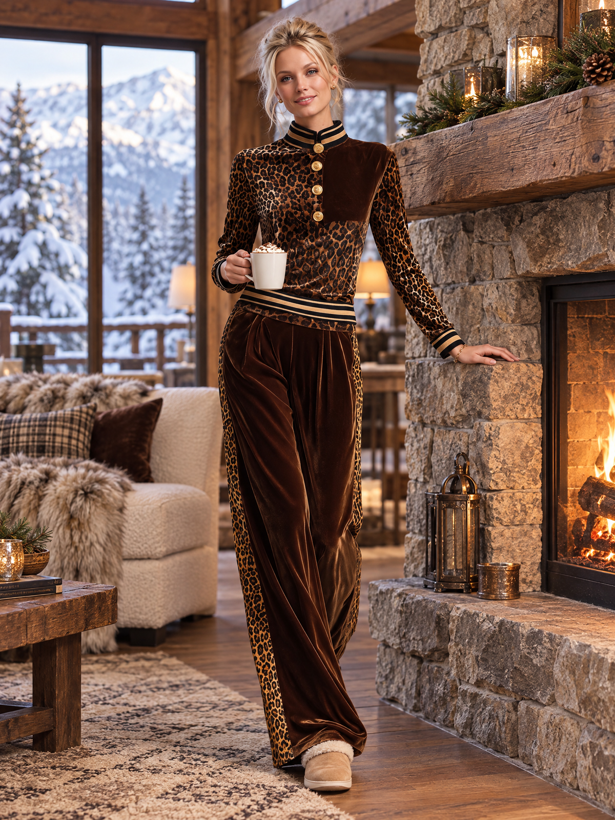 Vintage Chic Brown Leopard Velvet Striped Trim Top Wide-leg Pants Matching Set  - By Qivii