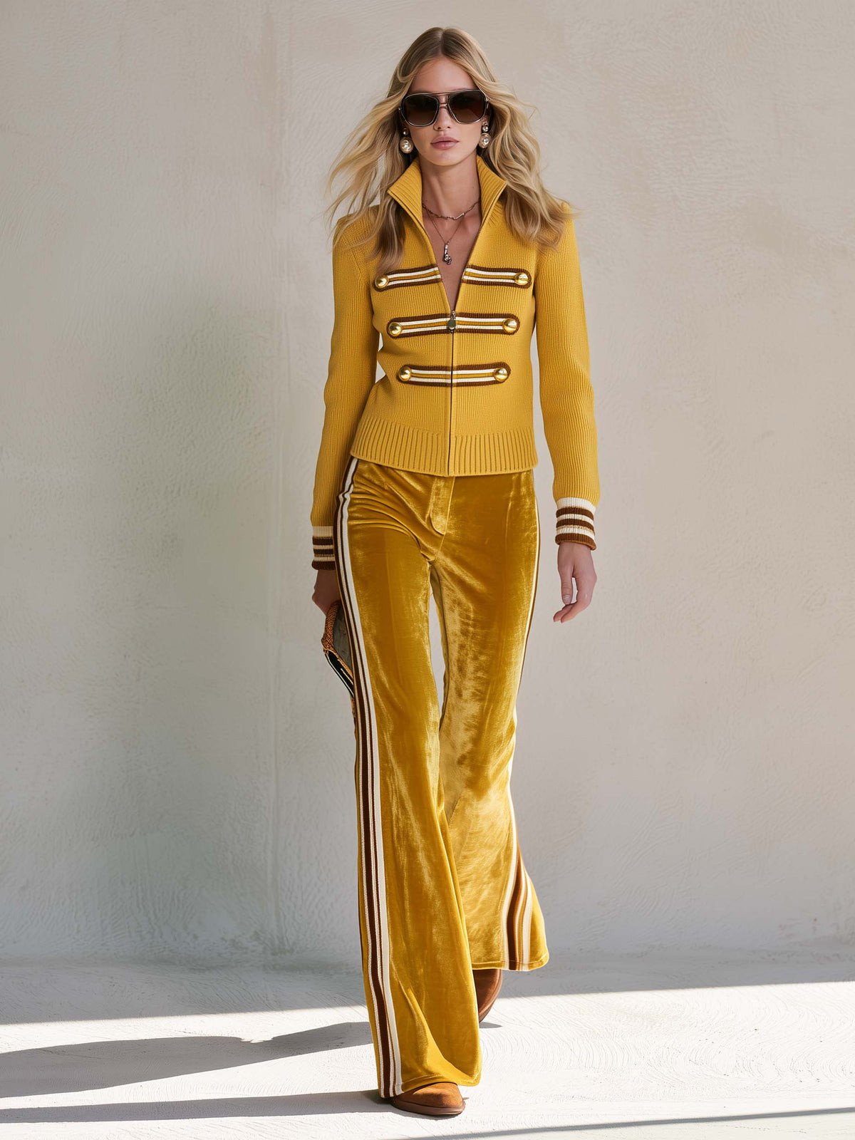 Retro military mustard knit zip-up cardigan and side stripe velvet flare pants set for women by Oyrosy Clothing.