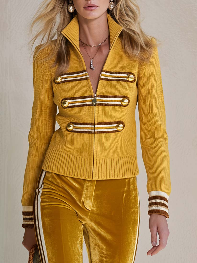 Oyrosy Clothing women's retro military mustard knit zip-up cardigan and side stripe velvet flare pants set, styled for a vintage look.