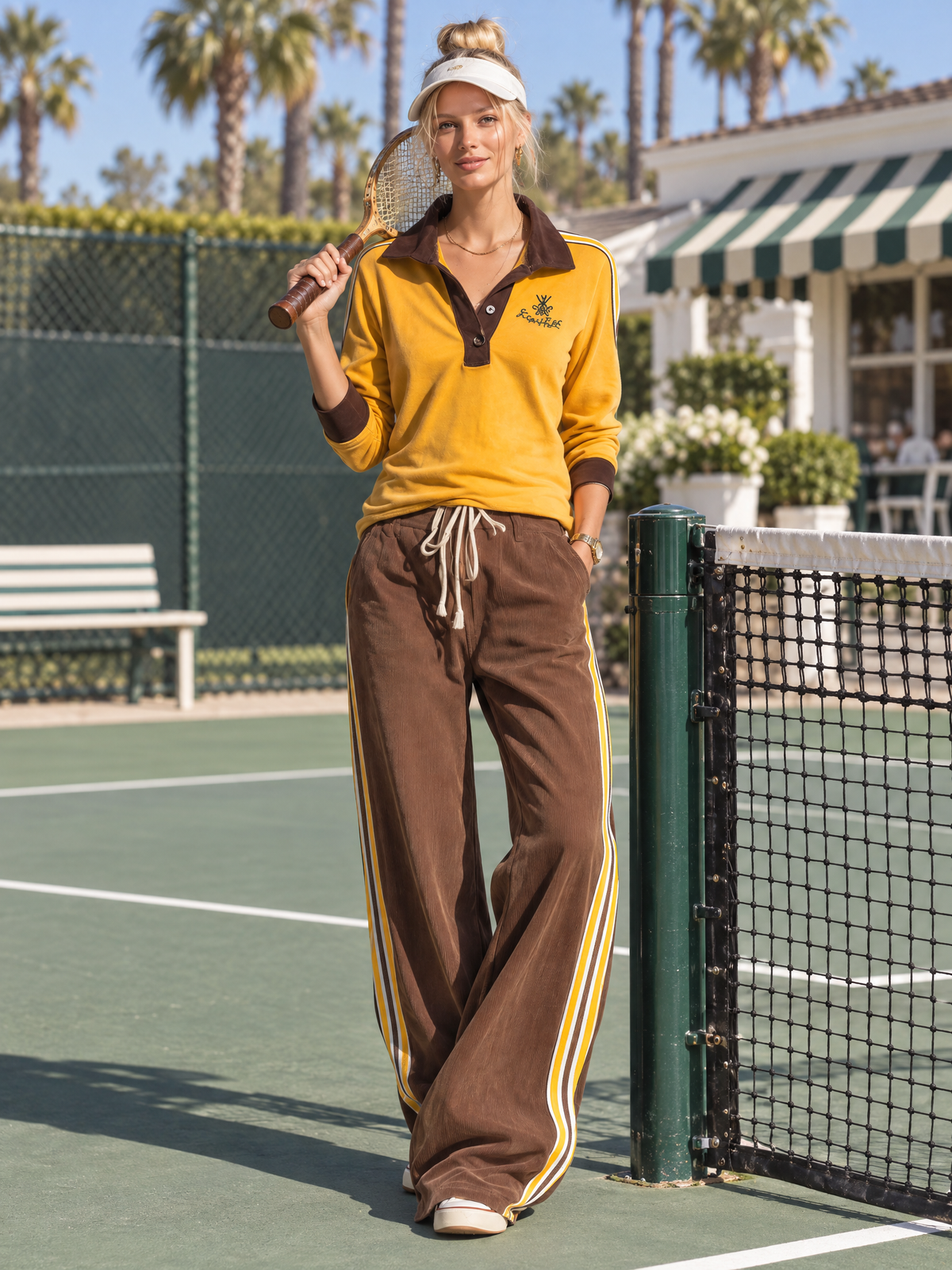 Retro Sporty Color Block Polo Top Side Stripe Wide Leg Pants Set  - By Qivii