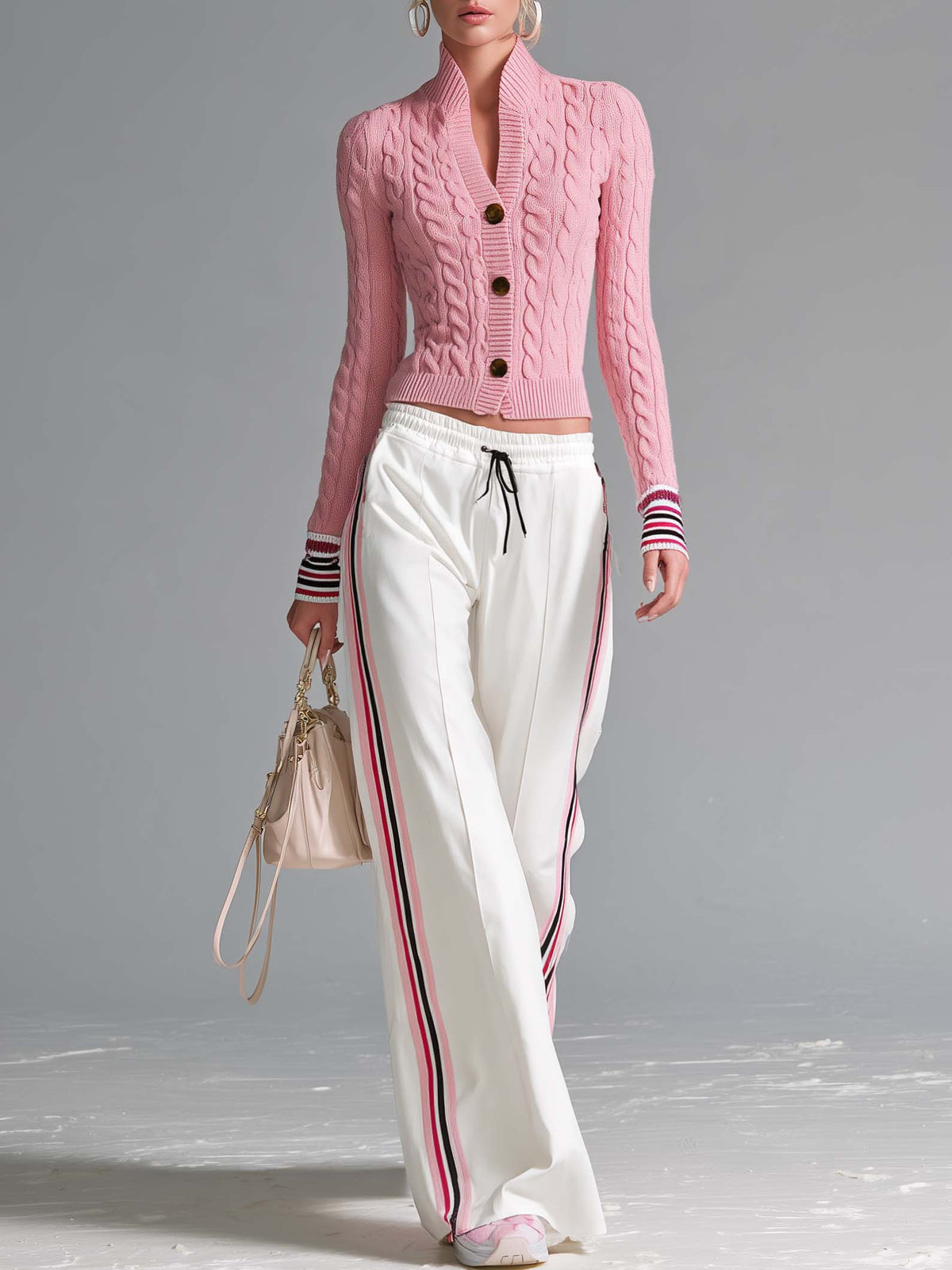 Retro sporty pink cable knit cardigan and wide-leg track pants set by Oyrosy Clothing, featuring side stripes and a casual, stylish look.