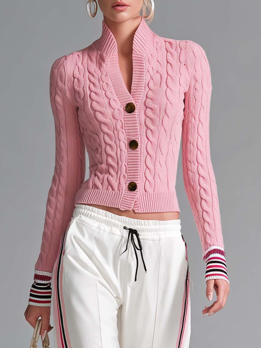 Retro sporty pink cable knit cardigan and wide-leg track pants set by Oyrosy Clothing, featuring side stripe details for women.