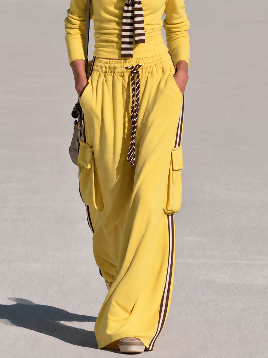 Casual Retro Chic Detachable Striped Shawl Yellow Sweatshirt And Pants Set  - By Qivii