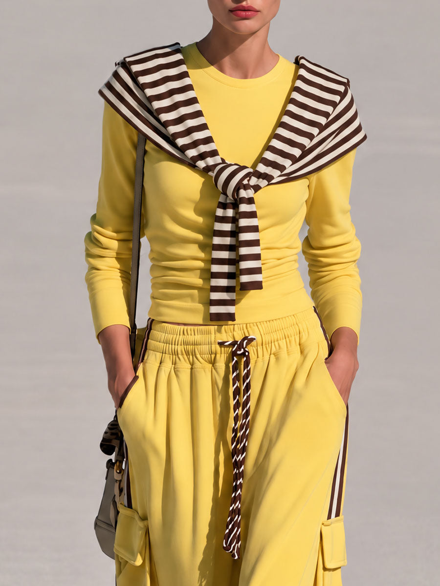 Casual Retro Chic Detachable Striped Shawl Yellow Sweatshirt And Pants Set  - By Qivii