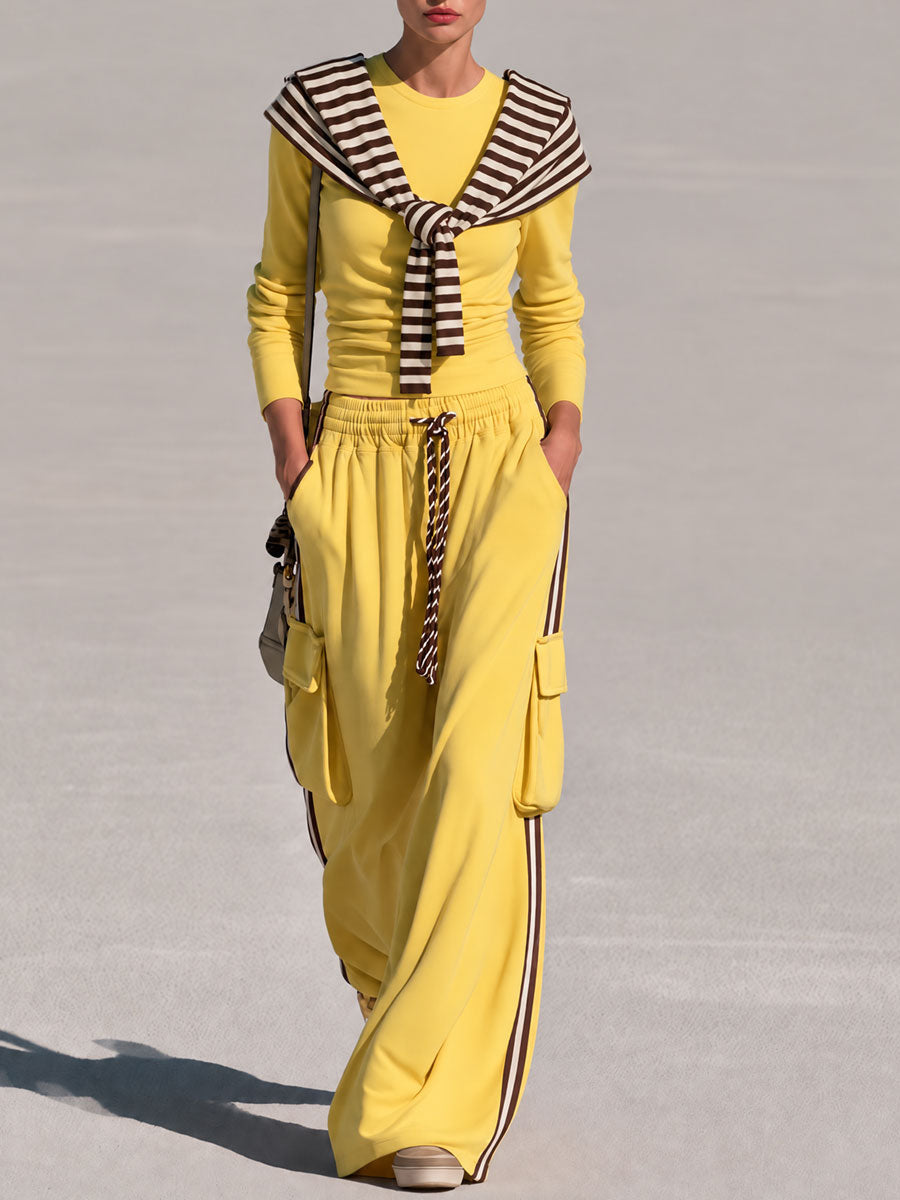Casual Retro Chic Detachable Striped Shawl Yellow Sweatshirt And Pants Set  - By Qivii