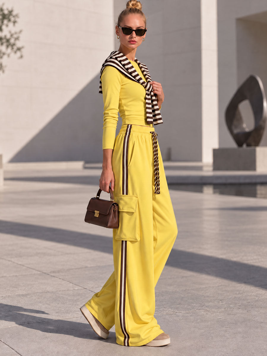 Casual Retro Chic Detachable Striped Shawl Yellow Sweatshirt And Pants Set  - By Qivii