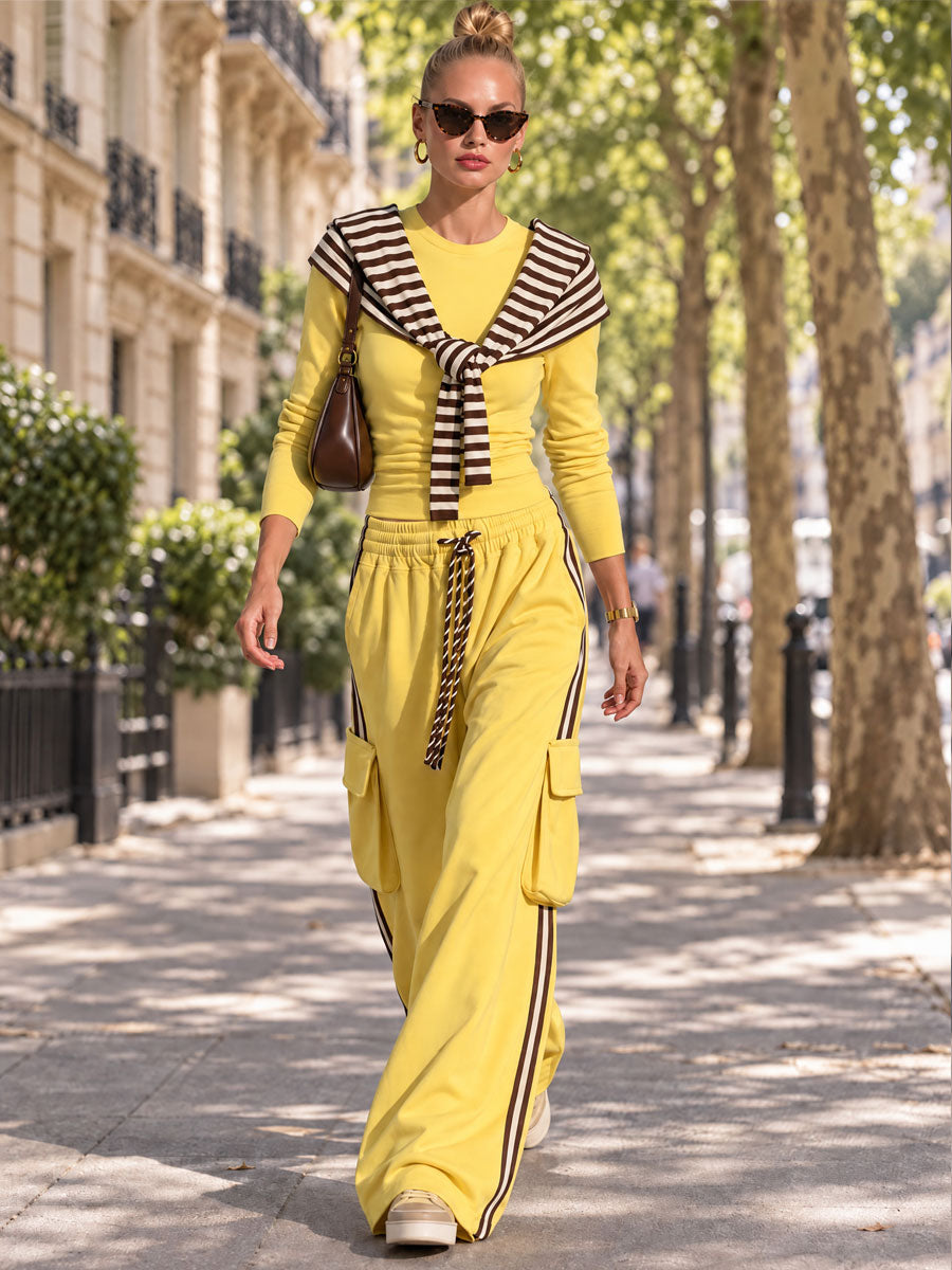 Casual Retro Chic Detachable Striped Shawl Yellow Sweatshirt And Pants Set  - By Qivii
