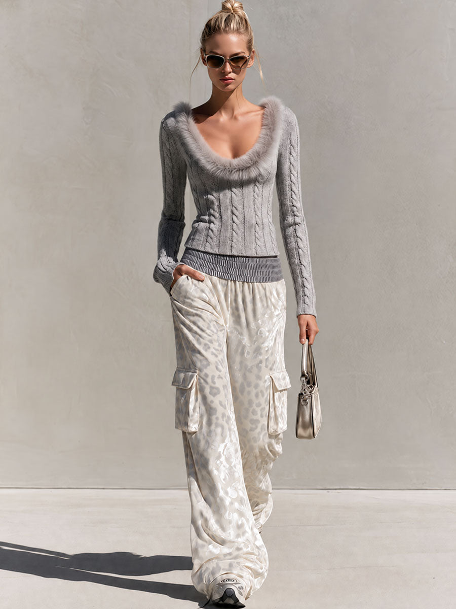 Stylish Retro Gray Faux Fur Collar Knit Sweater And Leopard Print Velvet Trousers Set  - By Qivii