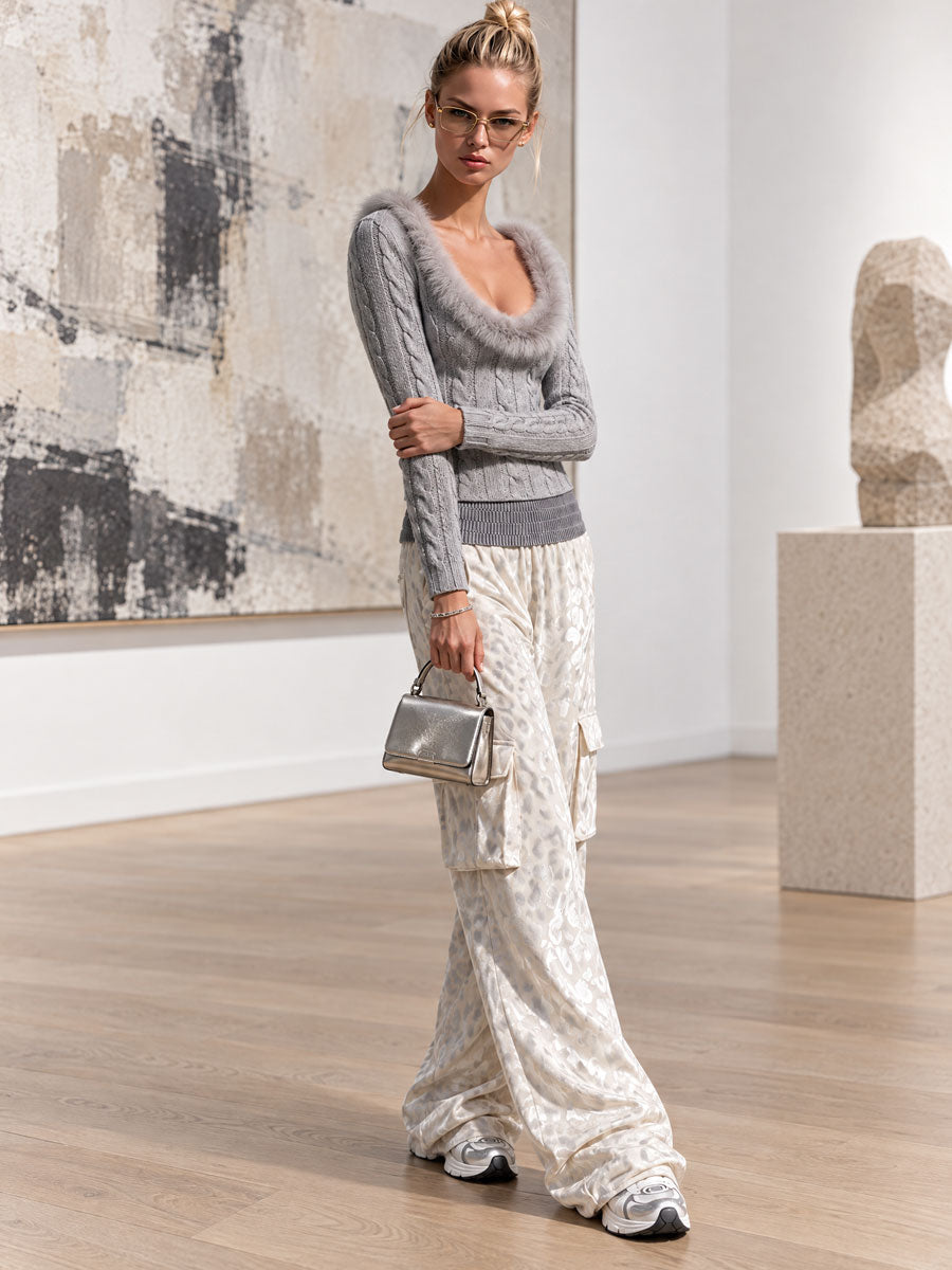 Stylish Retro Gray Faux Fur Collar Knit Sweater And Leopard Print Velvet Trousers Set  - By Qivii