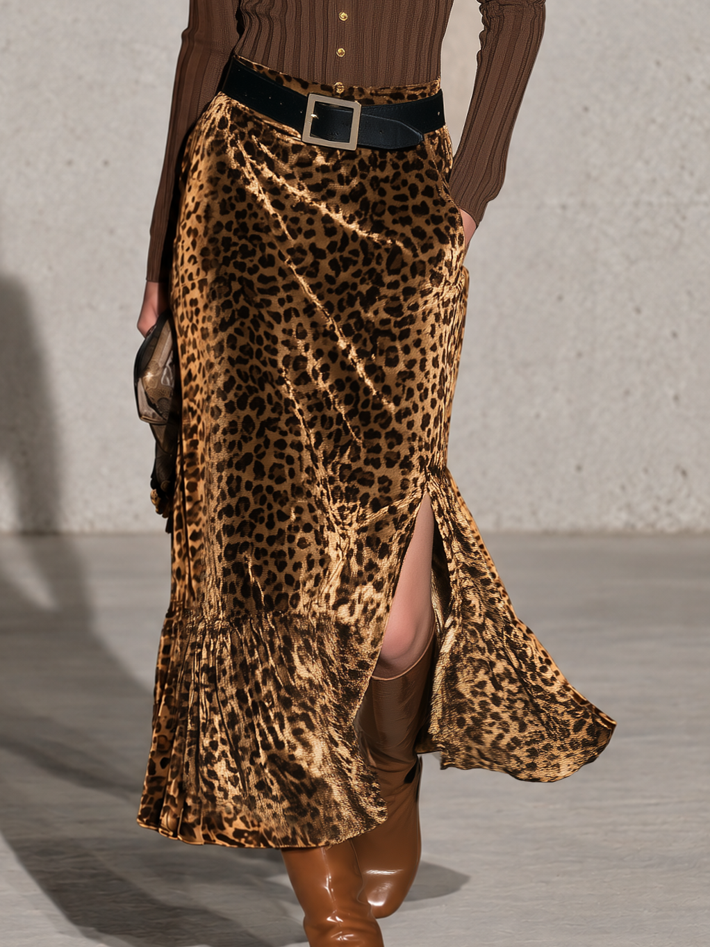 Women's Retro Elegant V-Neck Knit Top & Leopard Velvet Ruffle Skirt Set  - By Qivii