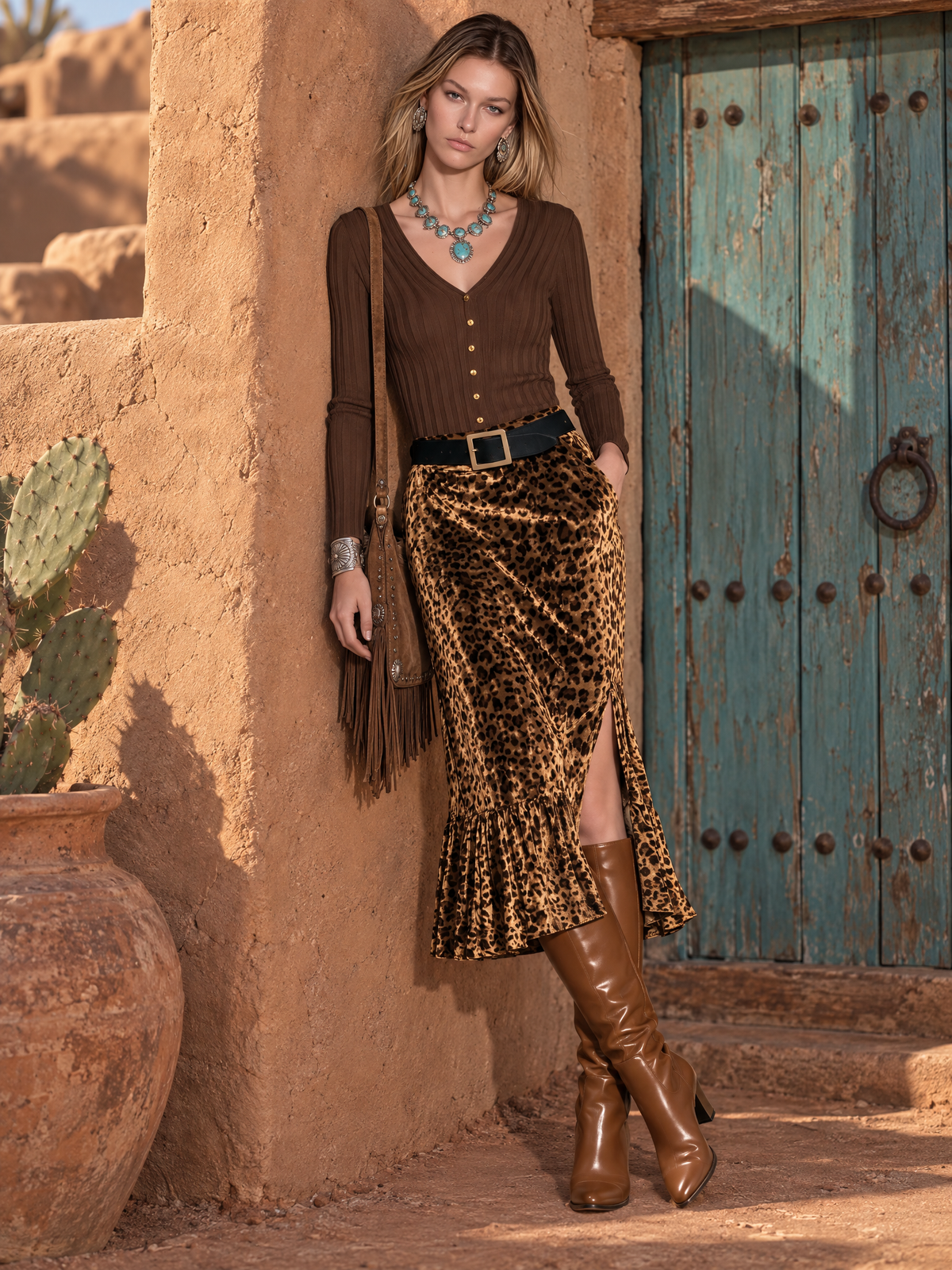 Women's Retro Elegant V-Neck Knit Top & Leopard Velvet Ruffle Skirt Set  - By Qivii