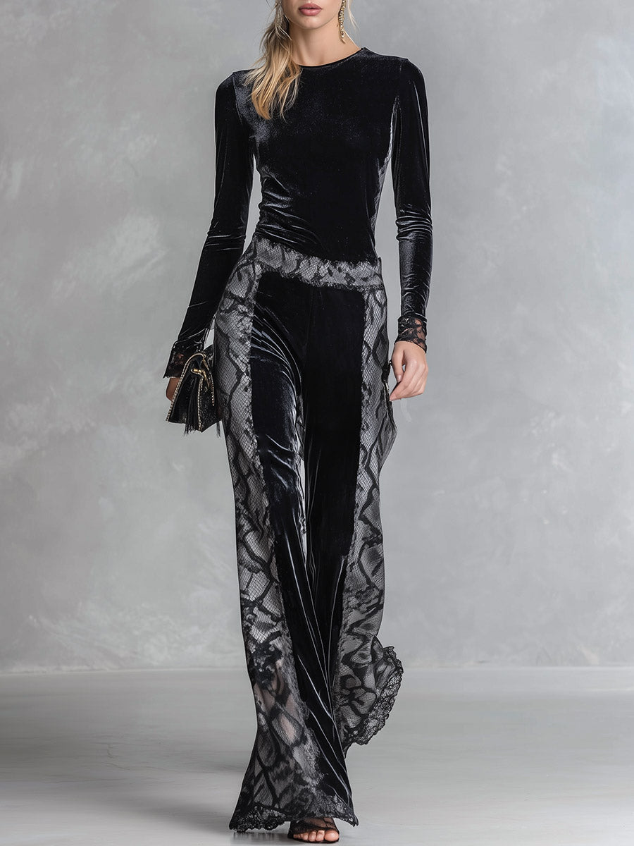 Elegant Snake-Print Trim Black Velvet T-Shirt And Wide-Leg Trousers Set  - By Qivii