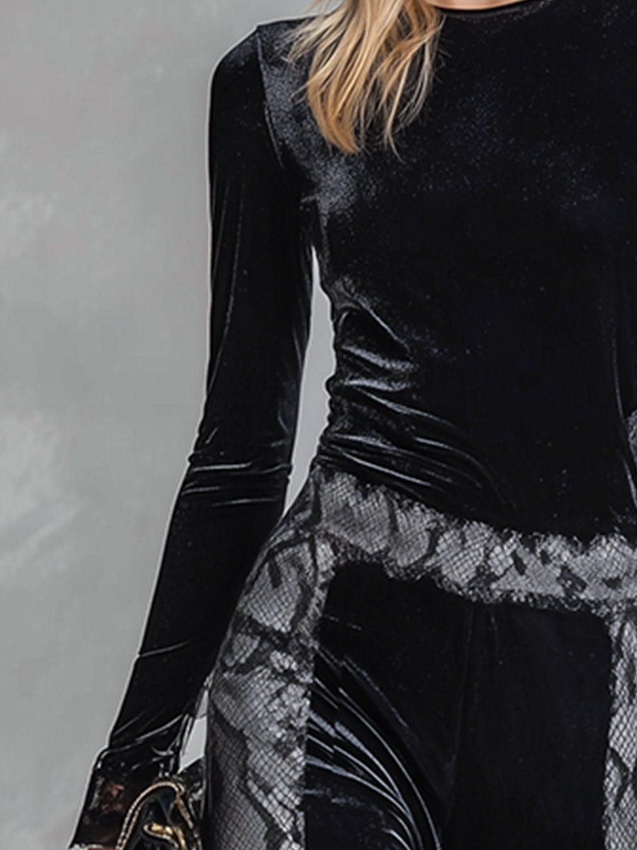 Elegant Snake-Print Trim Black Velvet T-Shirt And Wide-Leg Trousers Set  - By Qivii