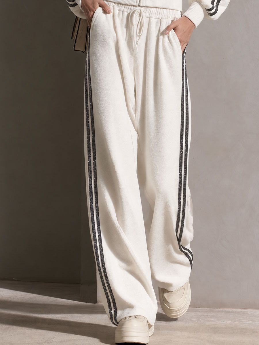 Casual Sporty Retro Double-Breasted Decorative Button White Cotton Jacket And Pants Set  - By Qivii