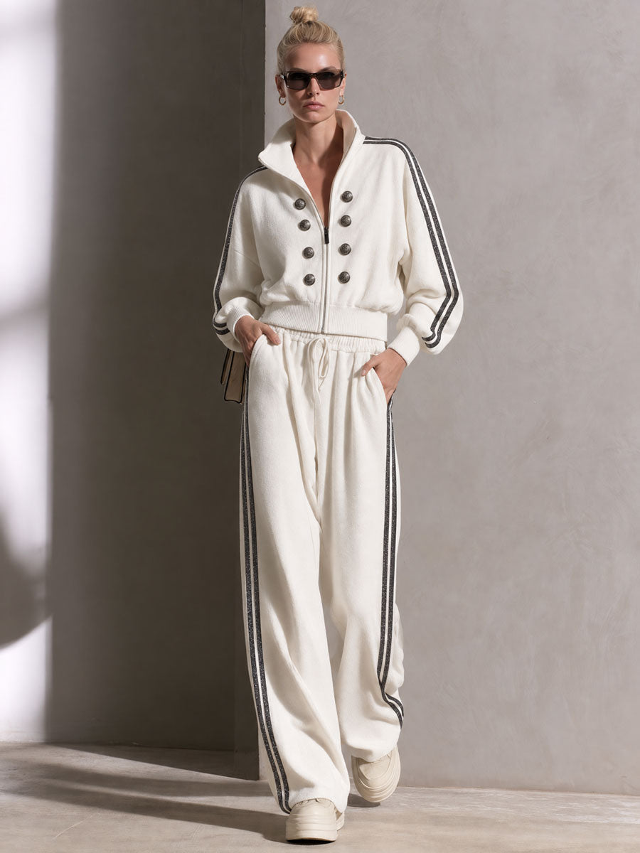 Casual Sporty Retro Double-Breasted Decorative Button White Cotton Jacket And Pants Set  - By Qivii