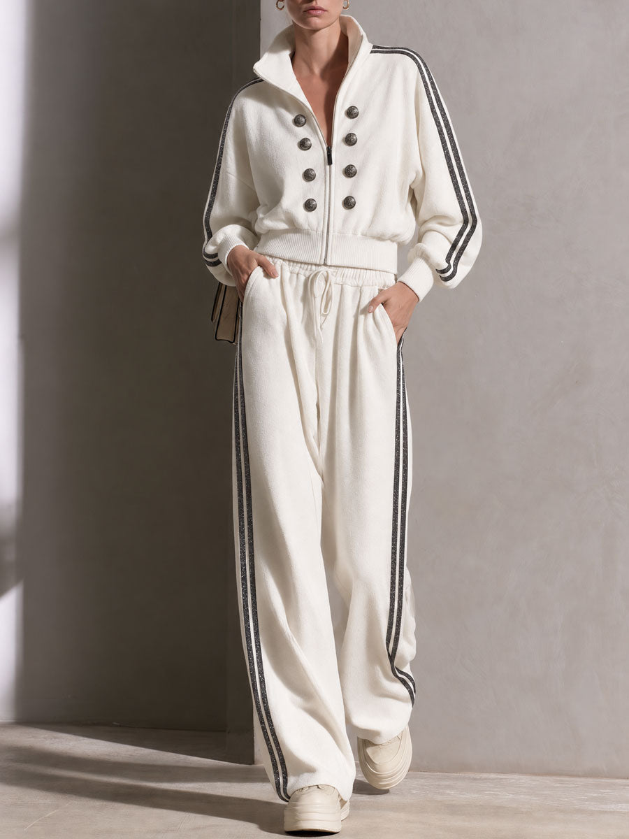 Casual Sporty Retro Double-Breasted Decorative Button White Cotton Jacket And Pants Set  - By Qivii