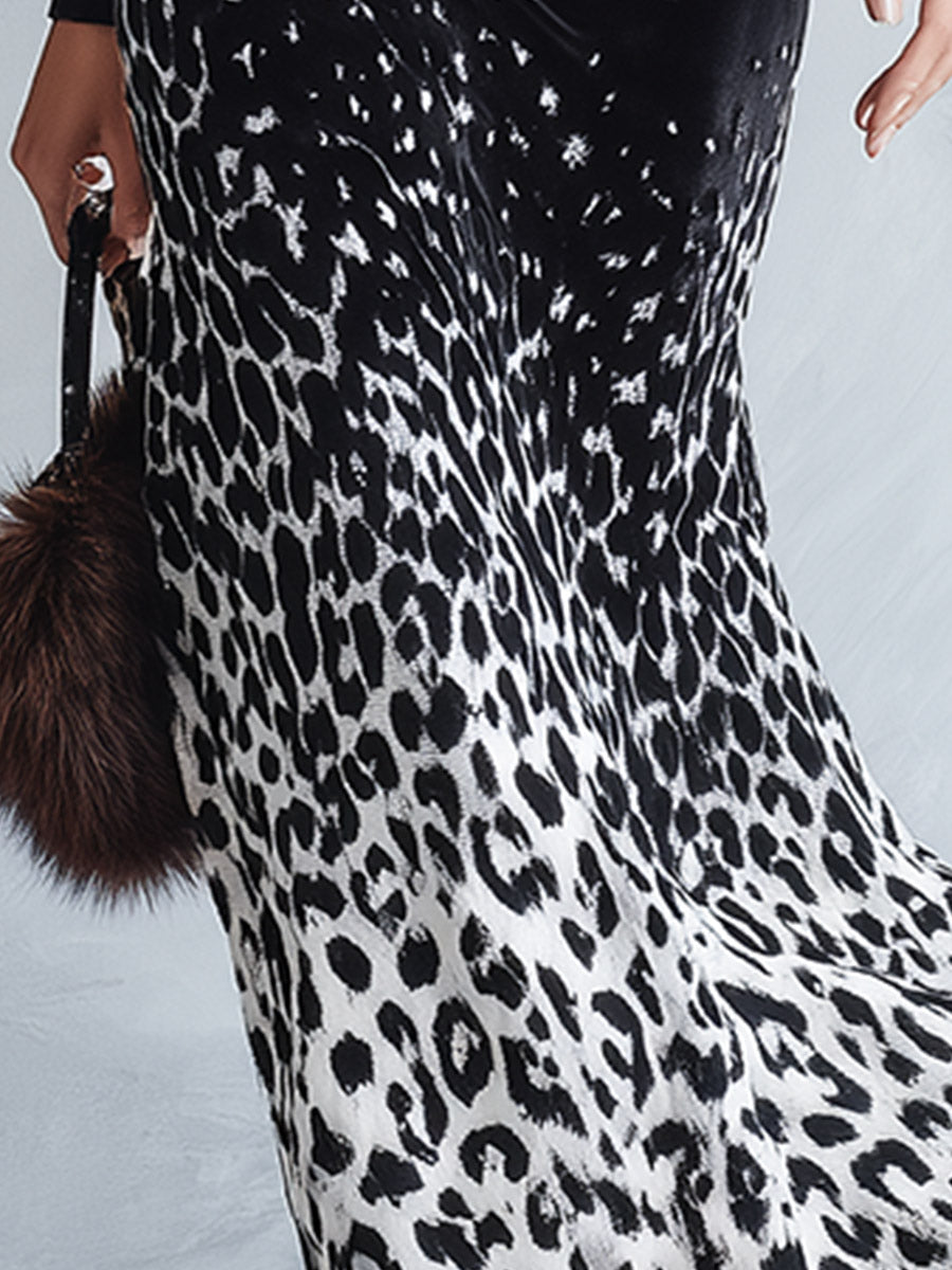 Elegant Party Faux-Fur-Trimmed Black Ombré Leopard-Print Velvet Maxi Dress  - By Qivii