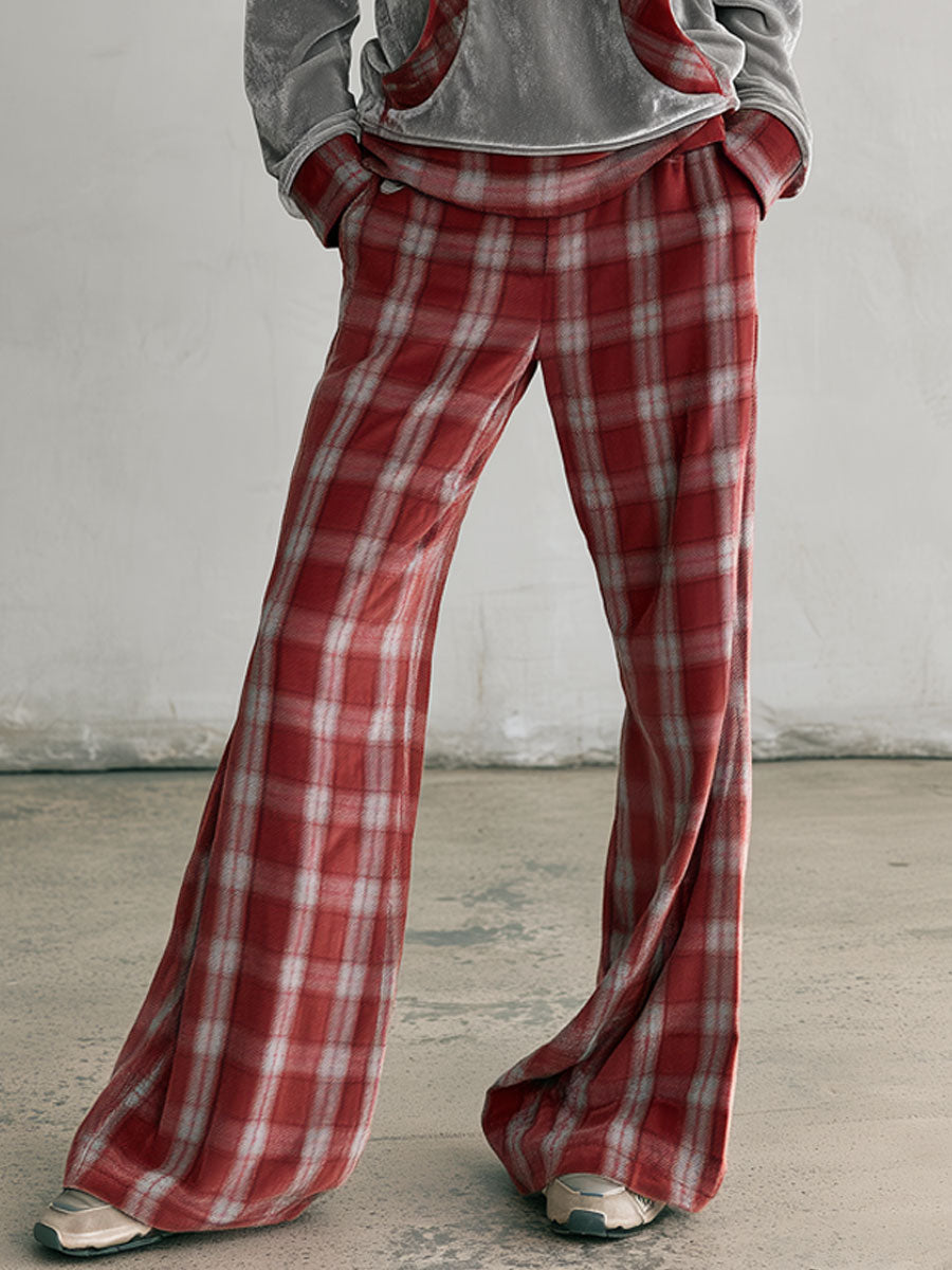 Fashionable Retro Hooded Grey Diamond Fleece Sweatshirt And Red Plaid Pants Set  - By Qivii