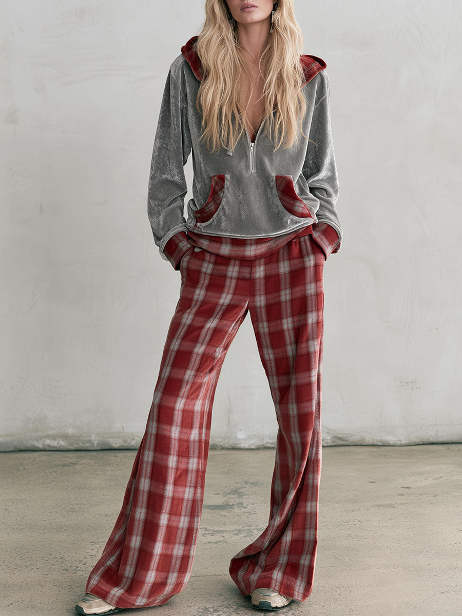 Fashionable Retro Hooded Grey Diamond Fleece Sweatshirt And Red Plaid Pants Set  - By Qivii