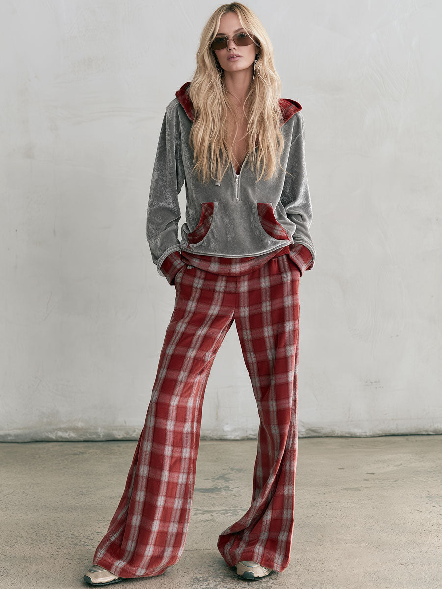 Fashionable Retro Hooded Grey Diamond Fleece Sweatshirt And Red Plaid Pants Set  - By Qivii