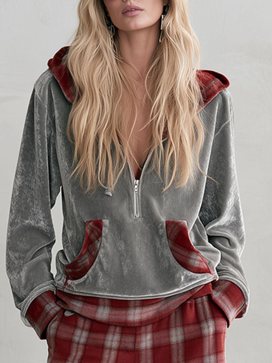 Fashionable Retro Hooded Grey Diamond Fleece Sweatshirt And Red Plaid Pants Set  - By Qivii