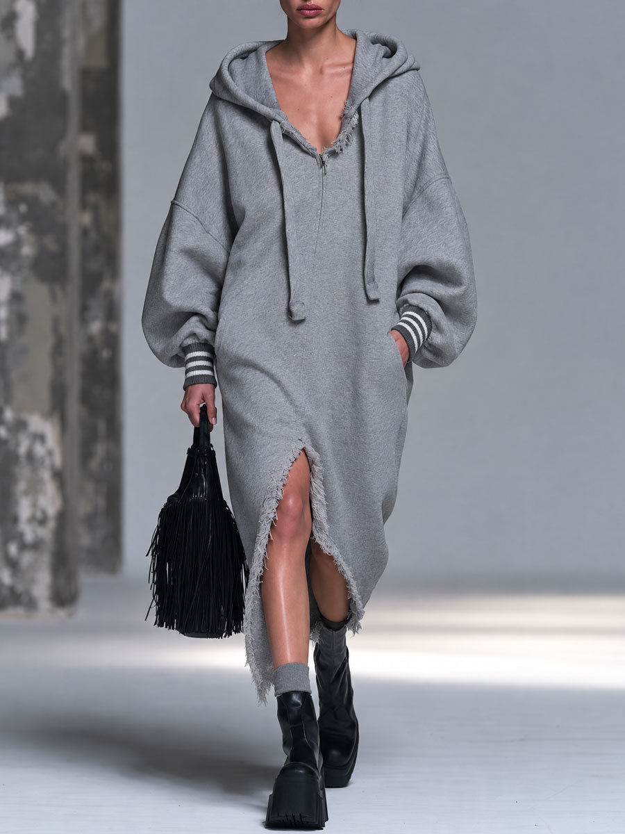 Gray hooded cotton midi dress with retro striped cuffs and irregular hem, stylish women's fashion by Oyrosy Clothing.