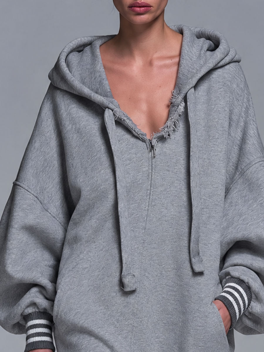Gray hooded cotton midi dress with retro striped cuffs, irregular hem, stylish women's clothing by Oyrosy Clothing.