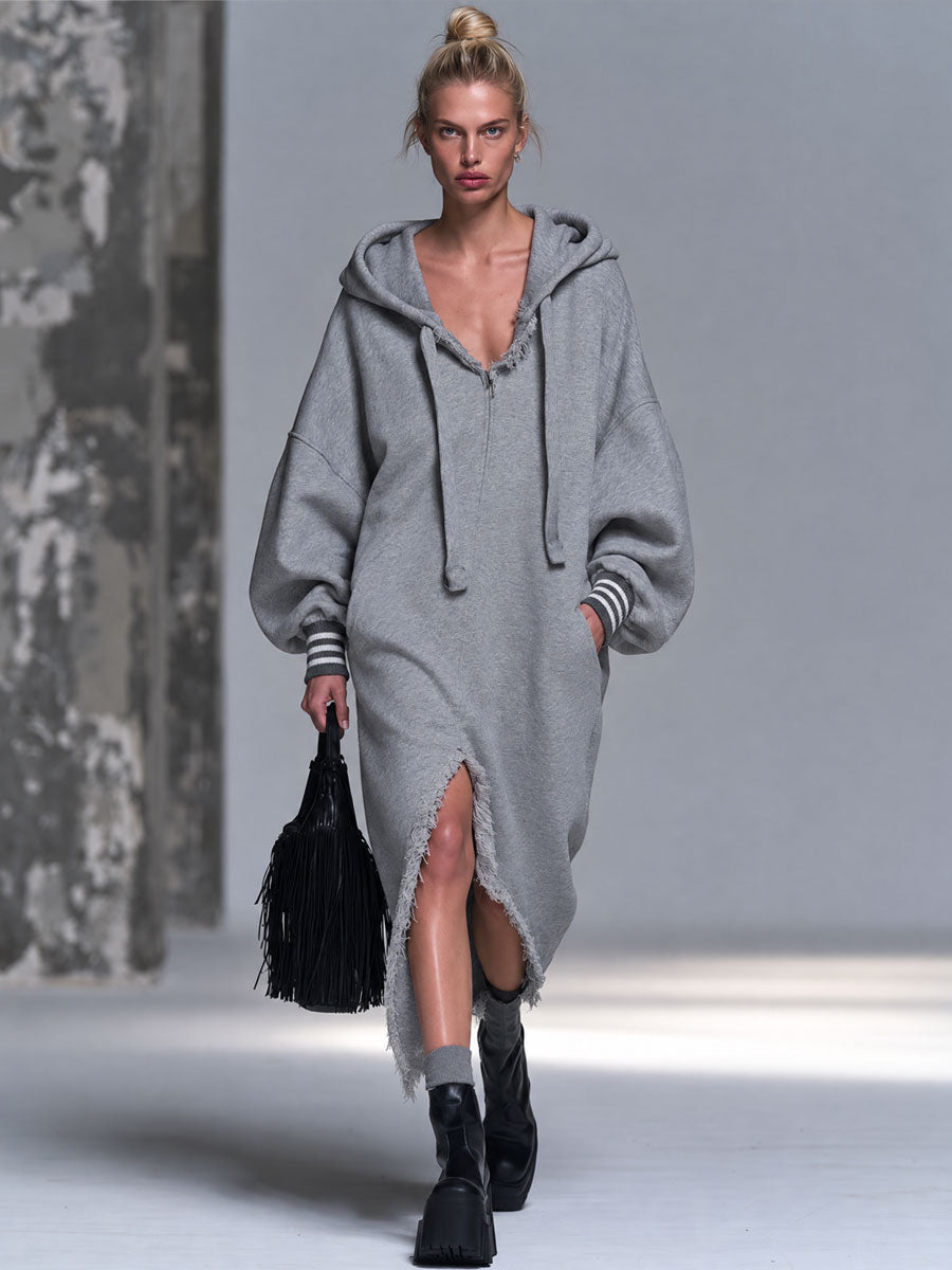 Gray hooded cotton midi dress with retro striped cuffs, irregular hem, from Oyrosy Clothing's Qivii collection for women.