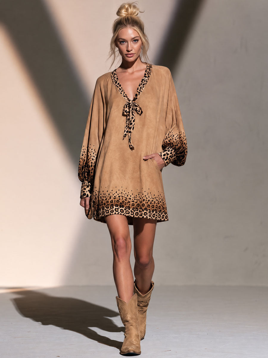 Retro Chic Brown Gradient Leopard Print Faux Suede Mini Dress  - By Qivii