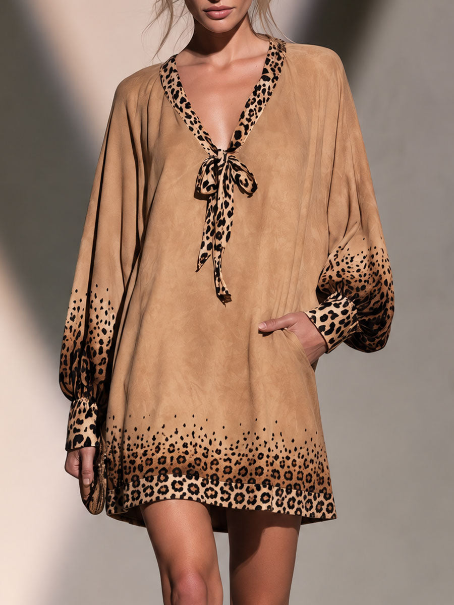 Retro Chic Brown Gradient Leopard Print Faux Suede Mini Dress  - By Qivii