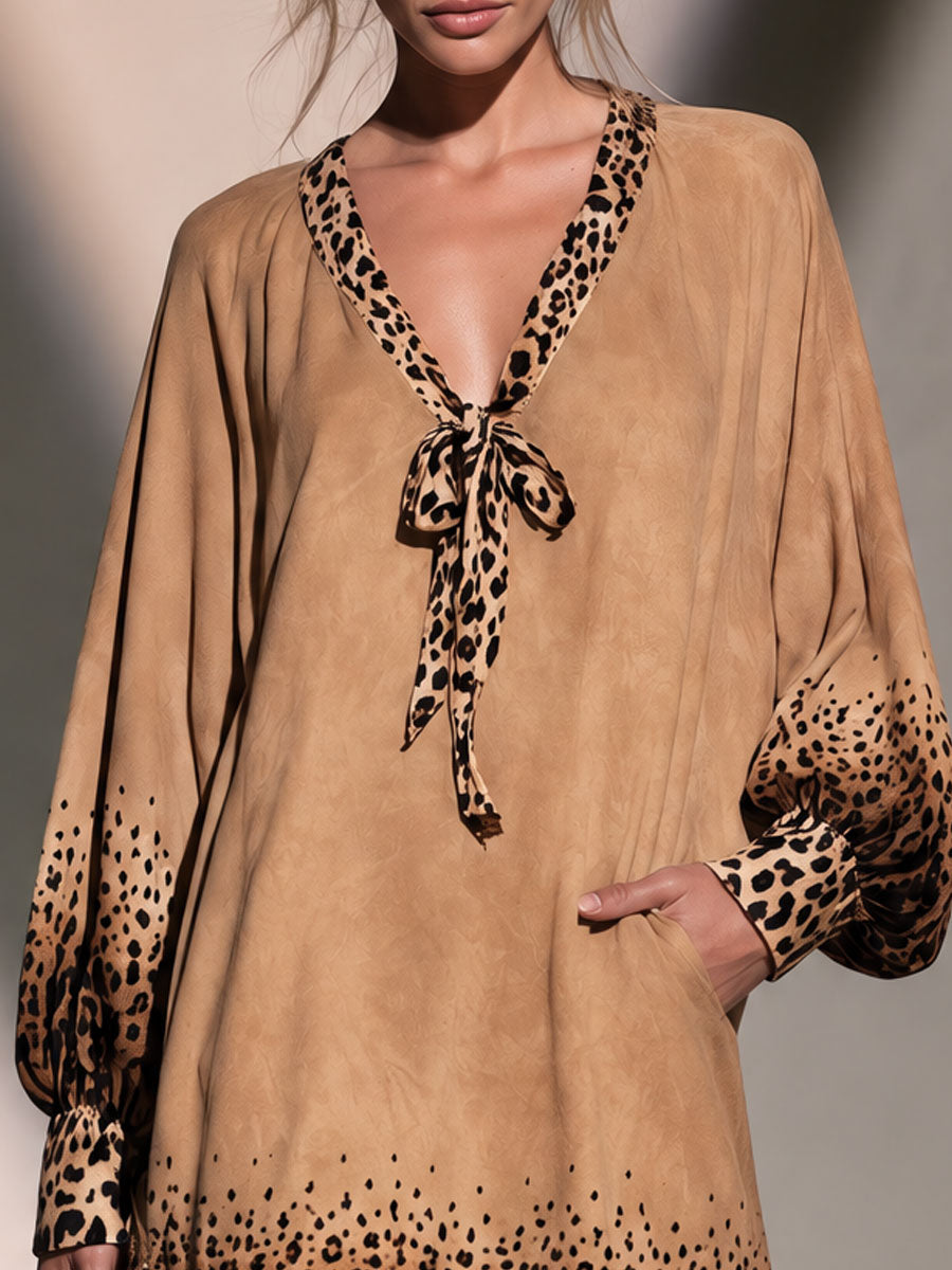 Retro Chic Brown Gradient Leopard Print Faux Suede Mini Dress  - By Qivii