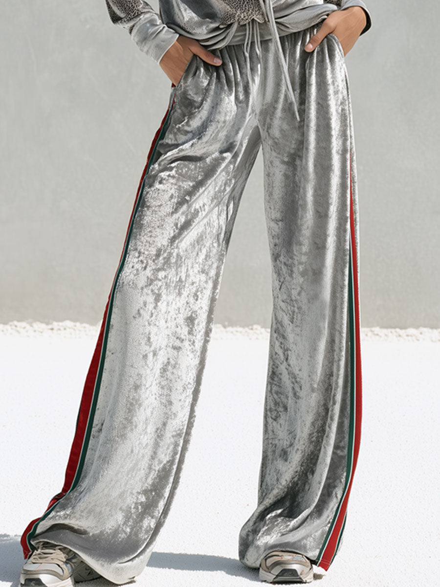 Fashionable Reindeer And Leopard Print Silver Diamond Velvet Top And Striped Pants Set  - By Qivii