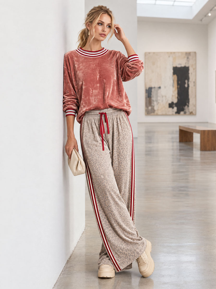 Casual Retro Pink Shiny Velvet Sweatshirt And Leopard Print Pants Set  - By Qivii